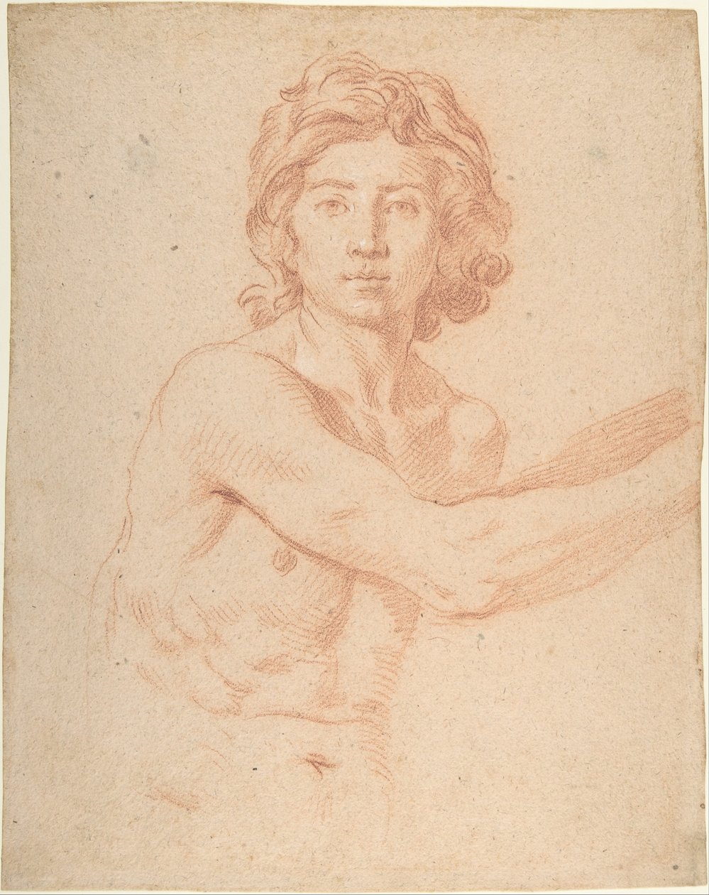 Halffiguur van een jongeman met zijn rechterarm omhoog door Simone Cantarini