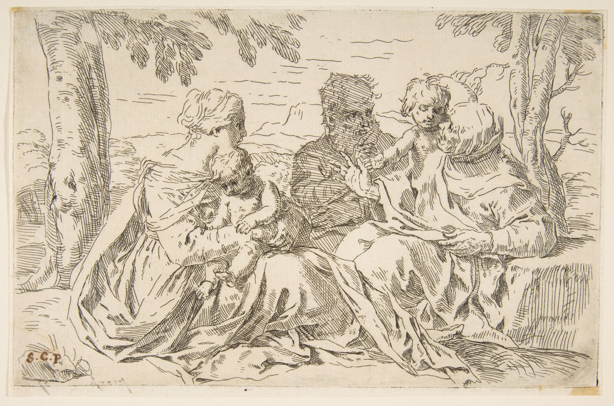 Heilige Familie met Sint-Elizabeth en Sint-Jan de Doper door Simone Cantarini