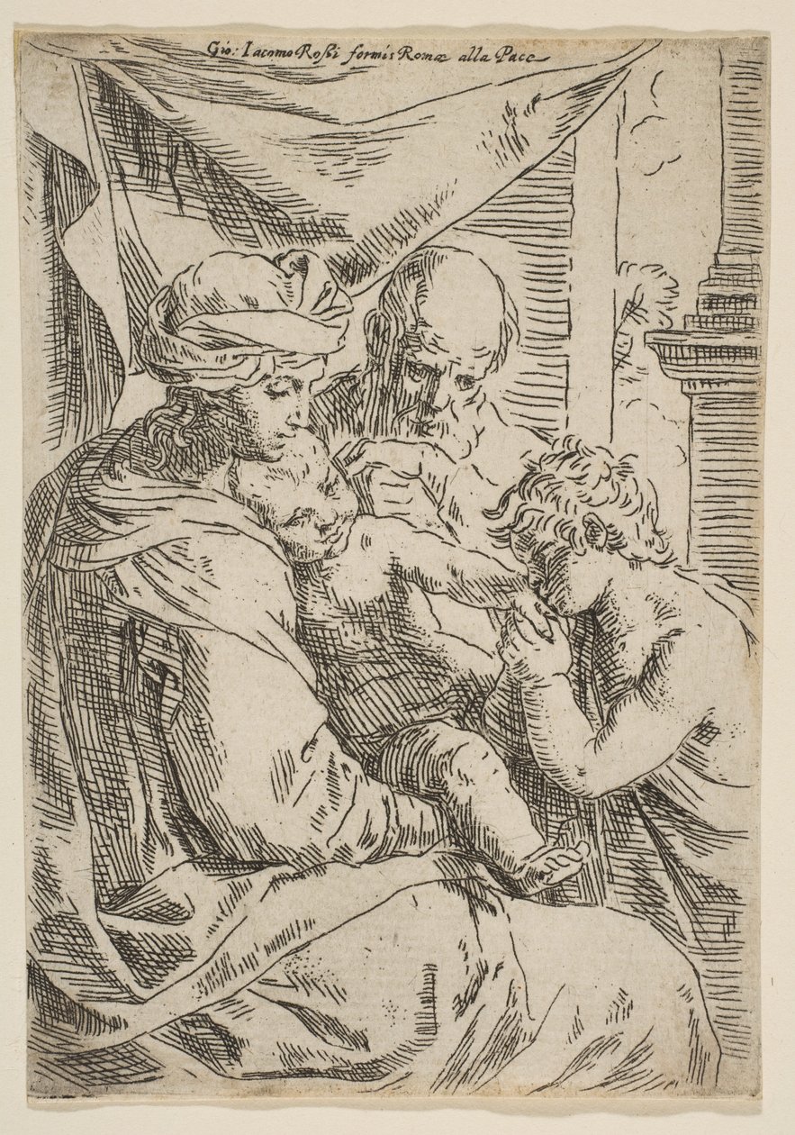 Heilige Familie met Johannes de Doper die de hand van het kind Christus kust, ca. 1642 door Simone Cantarini