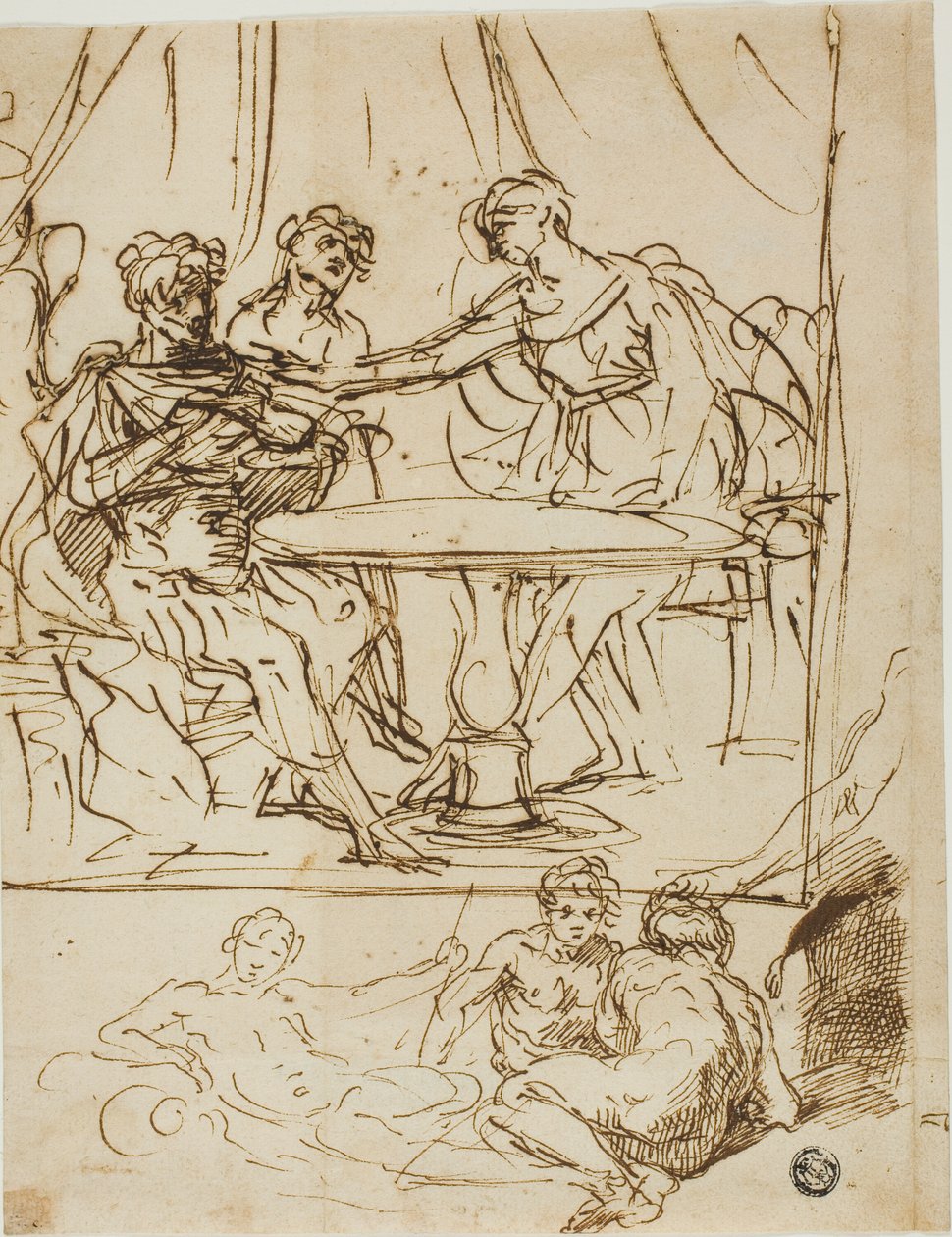 Judith met het Hoofd van Holofernes en Schetsen van Riviergoden (recto); Vrouwelijk Hoofd, Opwaarts Kijken (verso) door Simone Cantarini