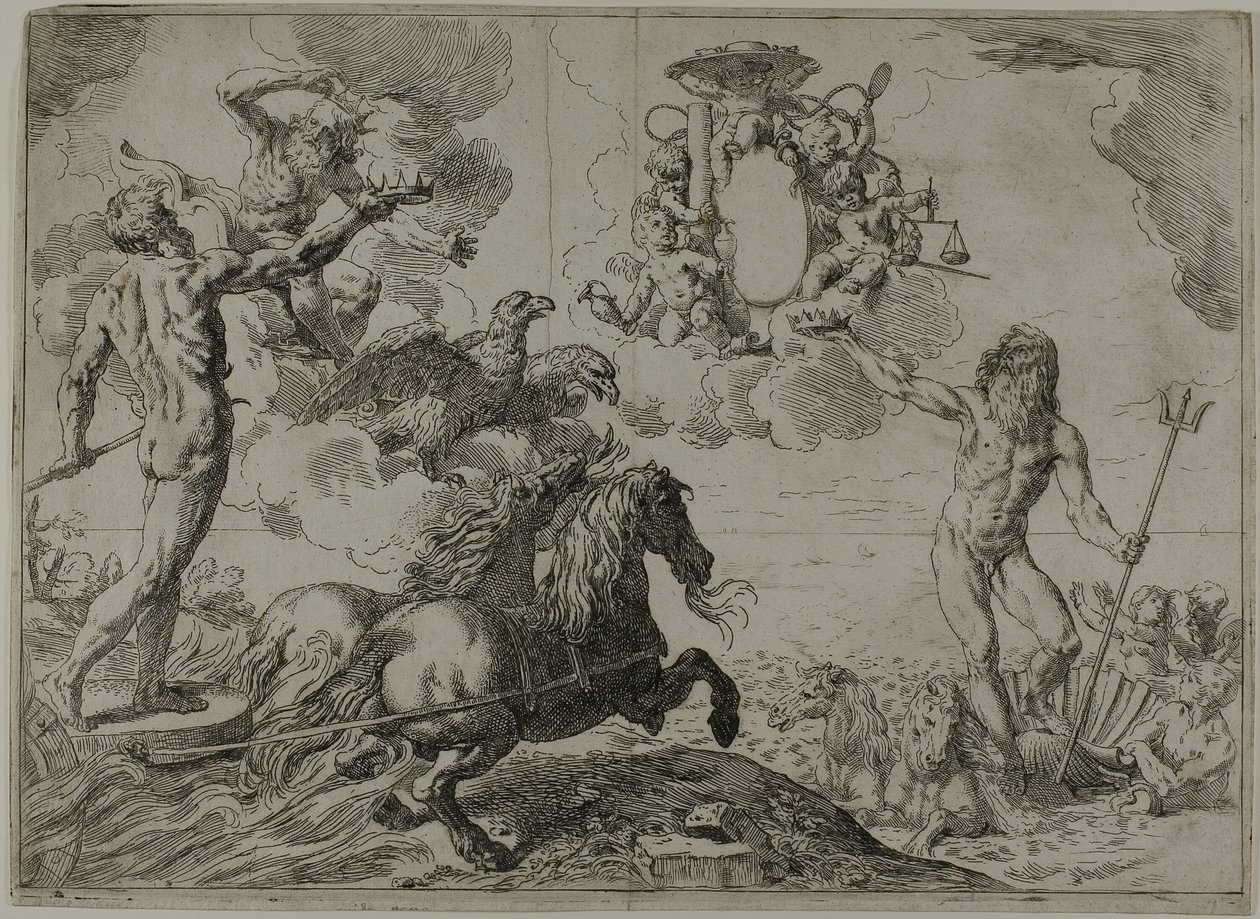 Jupiter, Neptunus en Pluto die hun Kronen aanbieden aan de Wapens van Kardinaal Borghese door Simone Cantarini