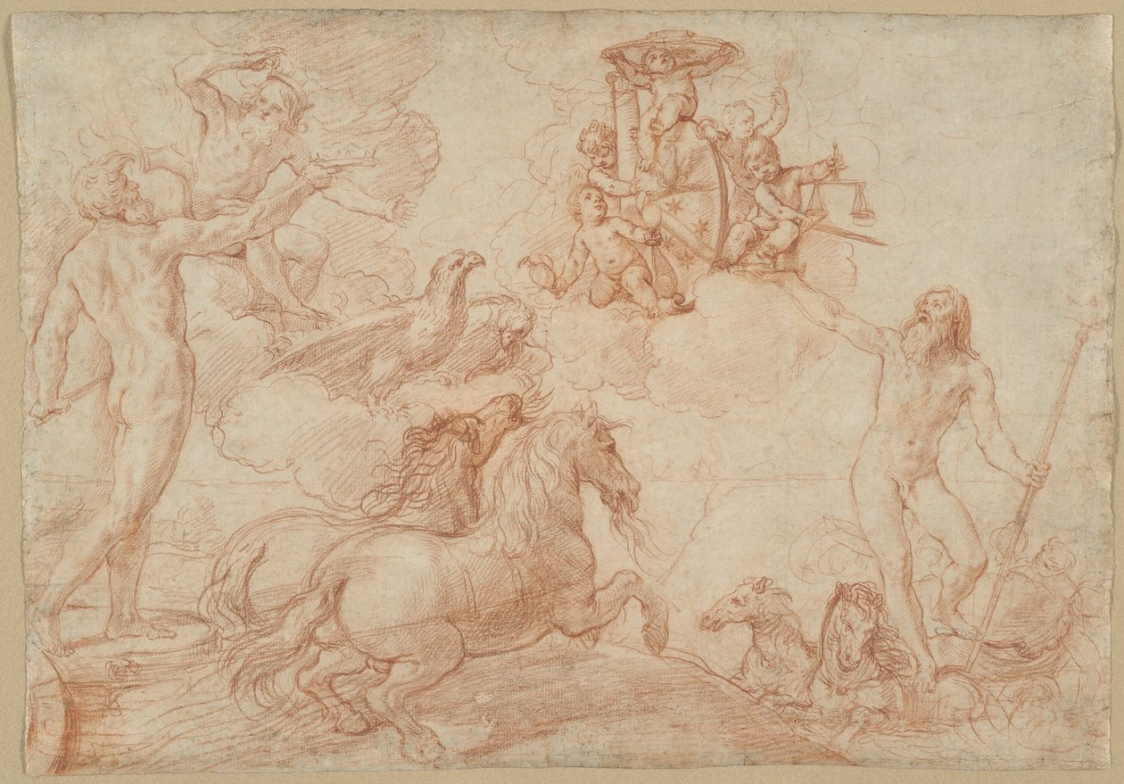 Jupiter, Neptunus en Pluto brengen eer aan het wapen van kardinaal Borghese door Simone Cantarini