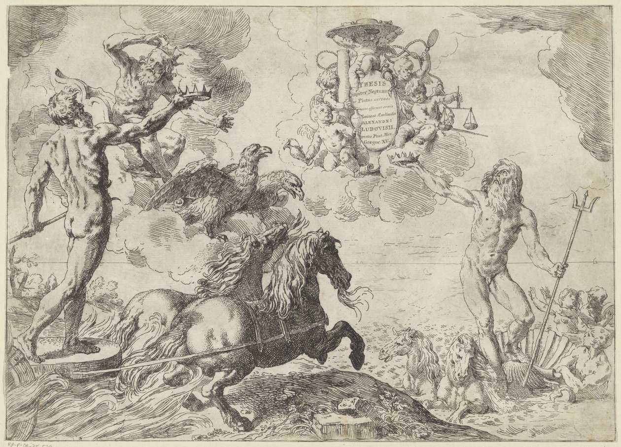 Jupiter, Neptunus en Pluto bieden hun kroon aan het wapen van kardinaal Scipione Borghese aan door Simone Cantarini