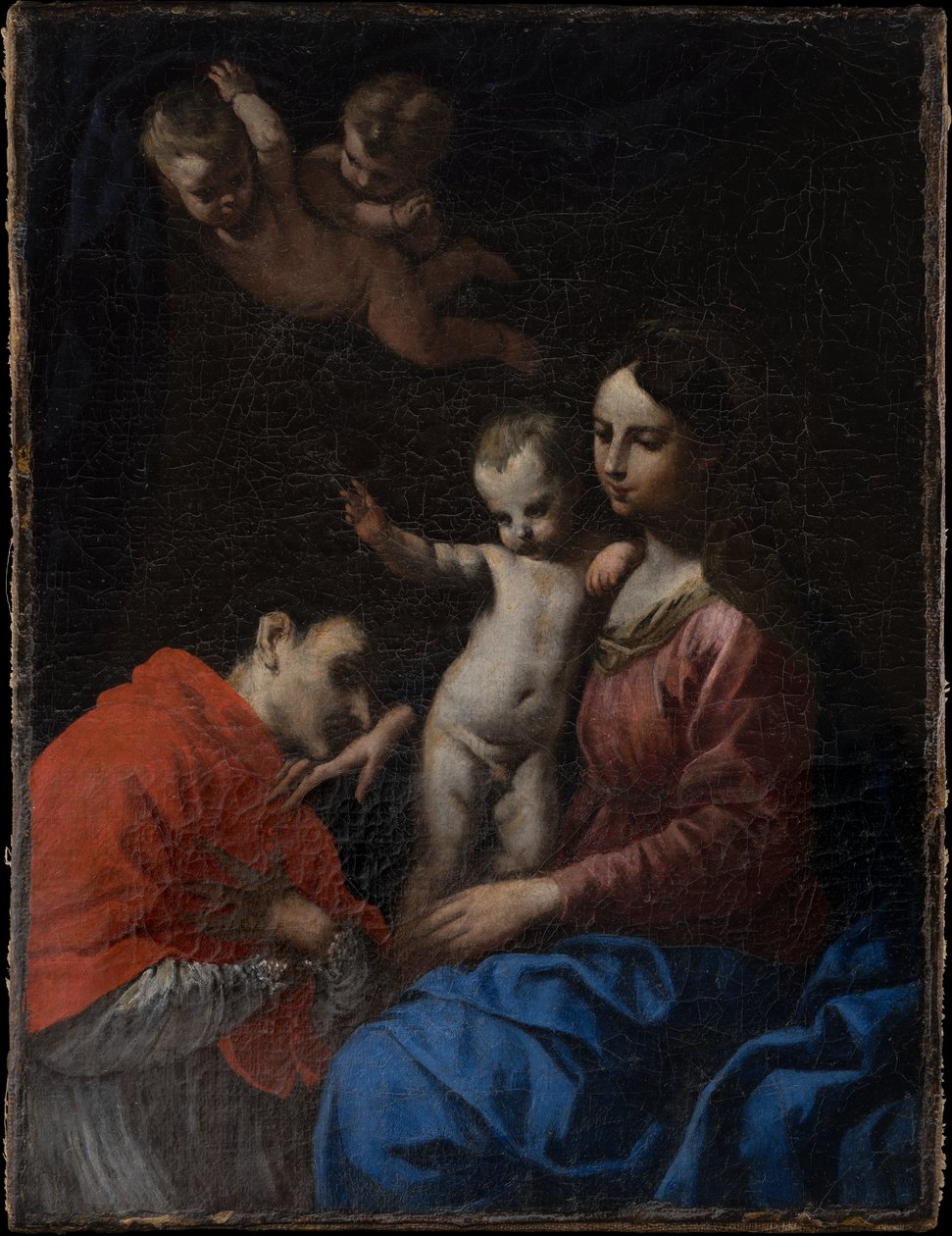 Madonna met Kind, vereerd door de heilige Carlo Borromeo door Simone Cantarini