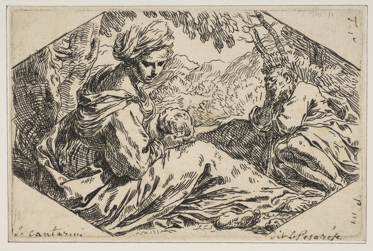 Rust in Egypte, Maria houdt en kijkt naar het kind Jezus terwijl Sint Jozef..., ca. 1637-1639 door Simone Cantarini
