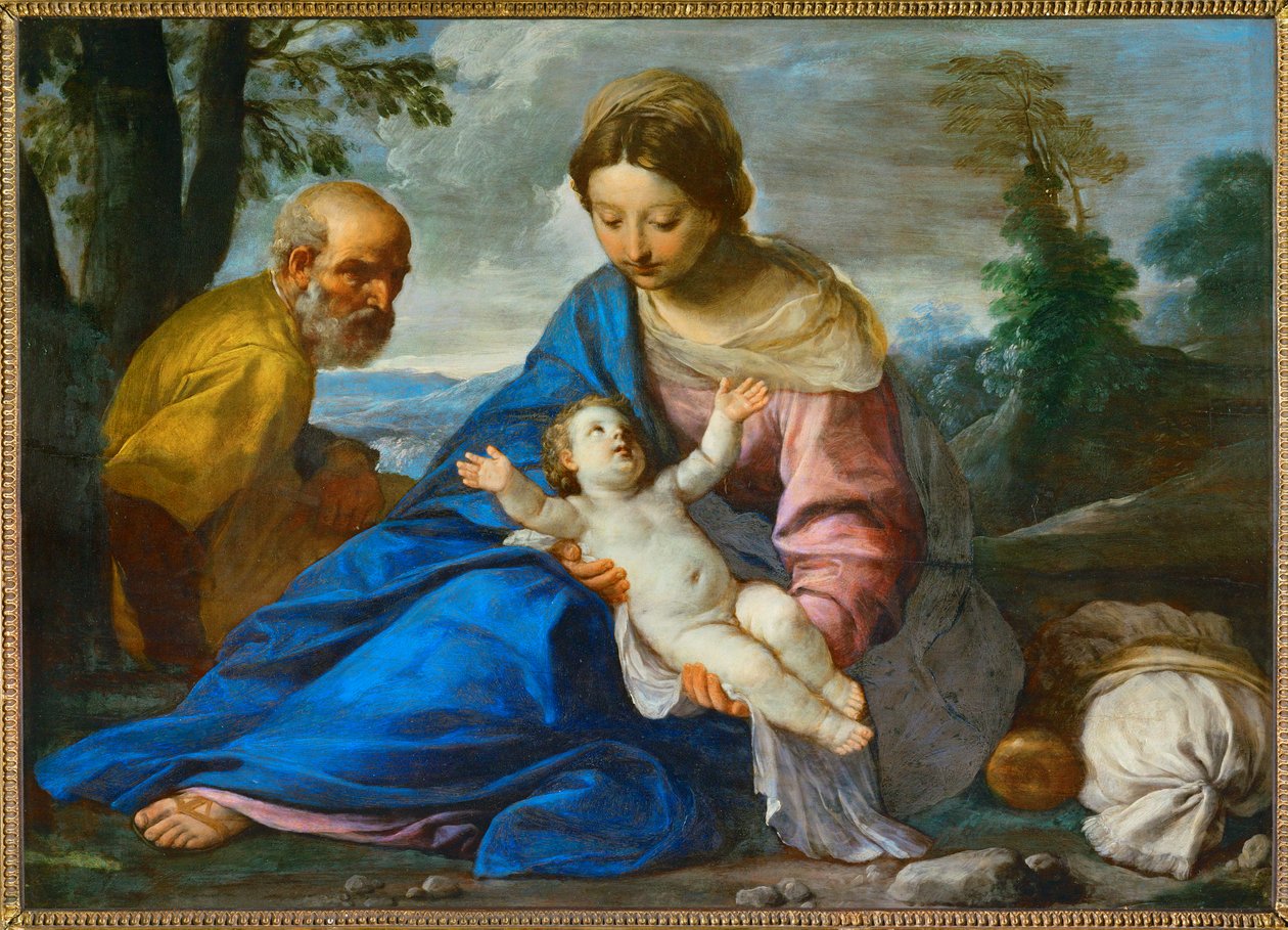 Rust op de vlucht naar Egypte (schilderij op doek op hout) door Simone Cantarini