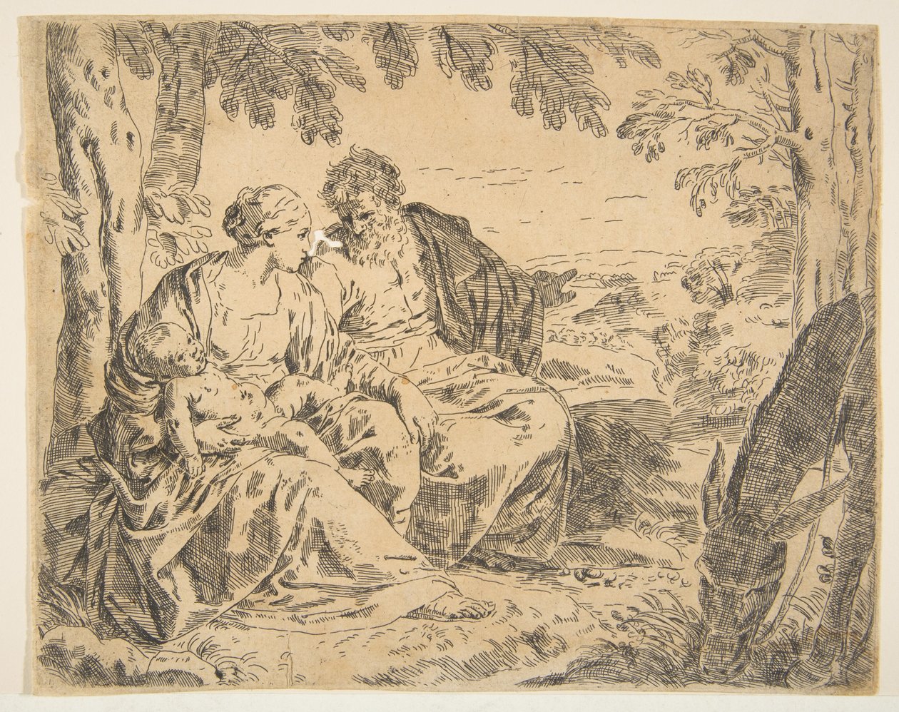 Rust tijdens de vlucht naar Egypte, Maria houdt het Christuskind vast, ca. 1637-1639 of later door Simone Cantarini