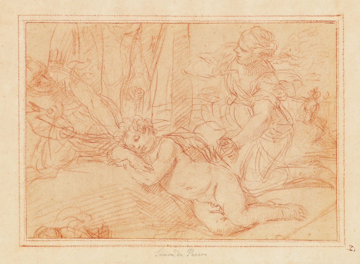 Venus en de nimfen die Cupido ontwapenen (rood krijt op papier) door Simone Cantarini