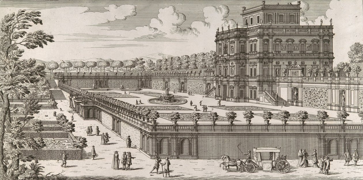 Zicht op de zijgevel van het Palazzo Pamphili en zijn tuin, na 1677 door Simone Felice