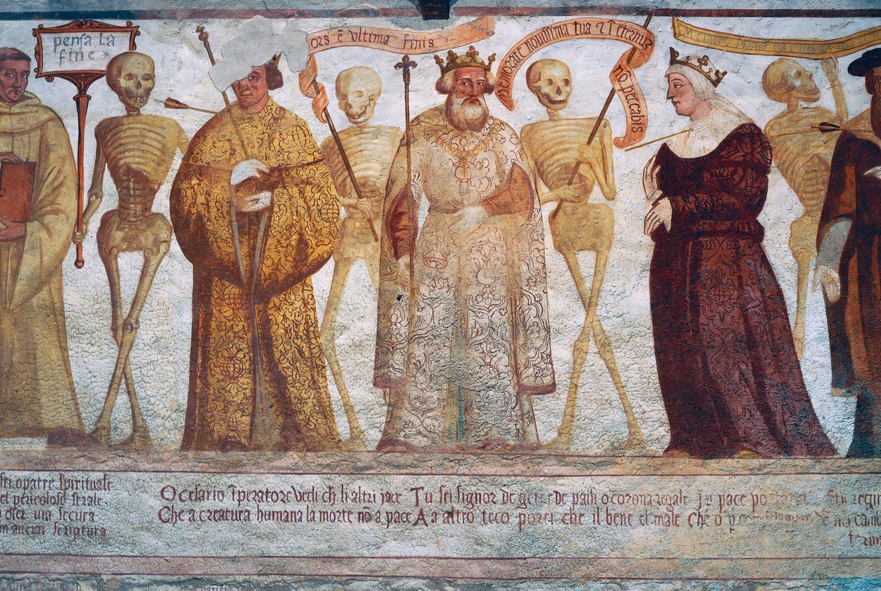 De dood met de keizer, de koning en de koningin, detail uit De Dodendans door Simone II Baschenis