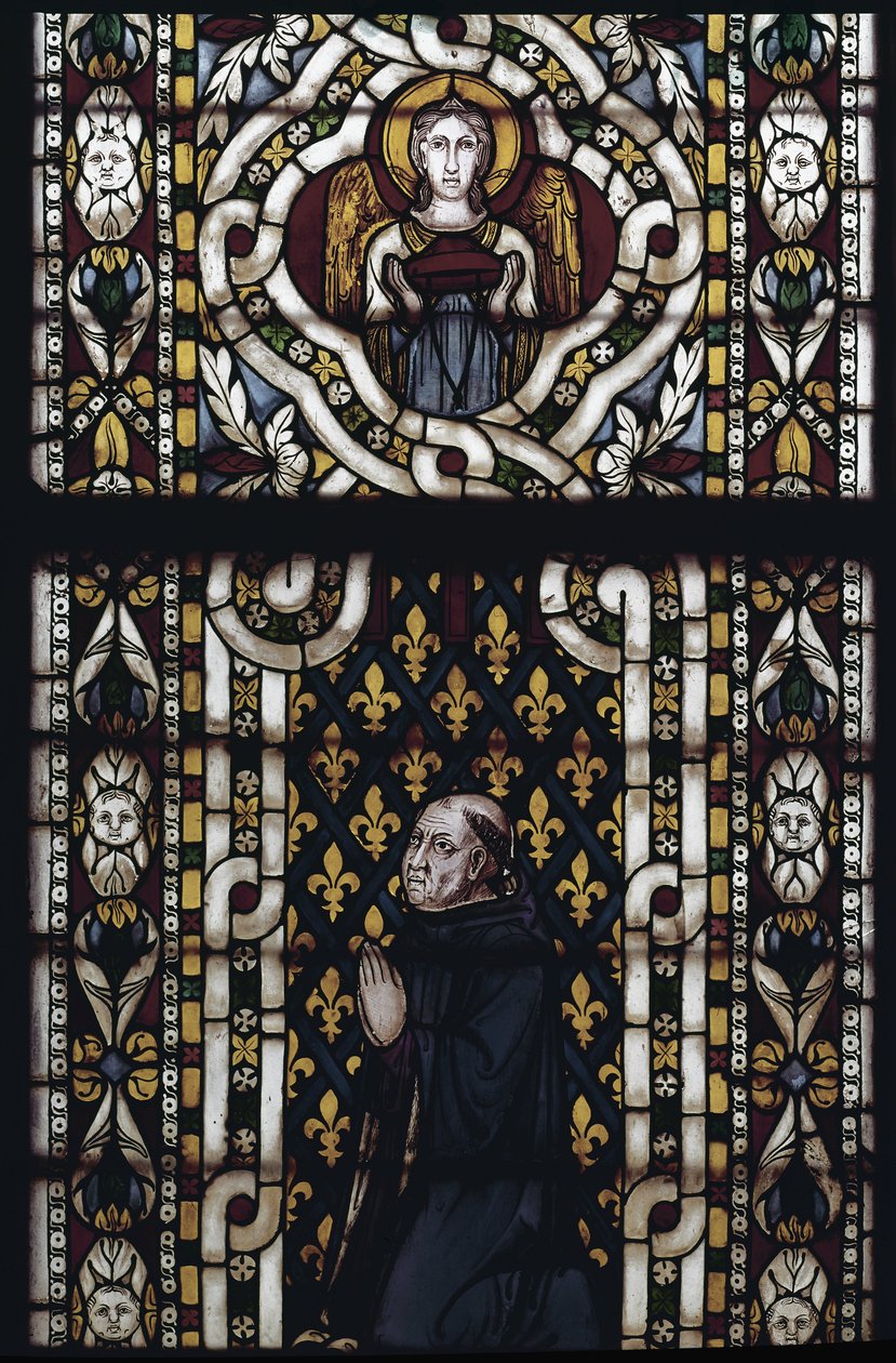Kardinaal Gentil van Montefiore knielt - Glas-in-lood door Simone Martini, Basiliek van Sint Franciscus van Assisi, Onderkerk, Kapel van Sint Louis, Assisi door Simone Martini
