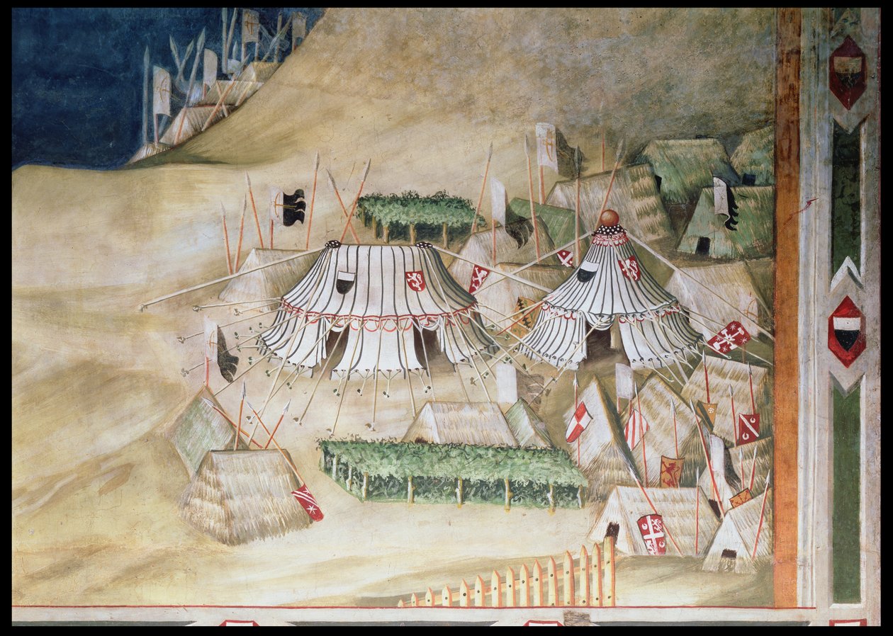 Herdenking van Guidoriccio da Fogliano bij het Beleg van Montemassi, detail van het militaire kamp, uit de Sala del Mappamondo, 1328 door Simone Martini