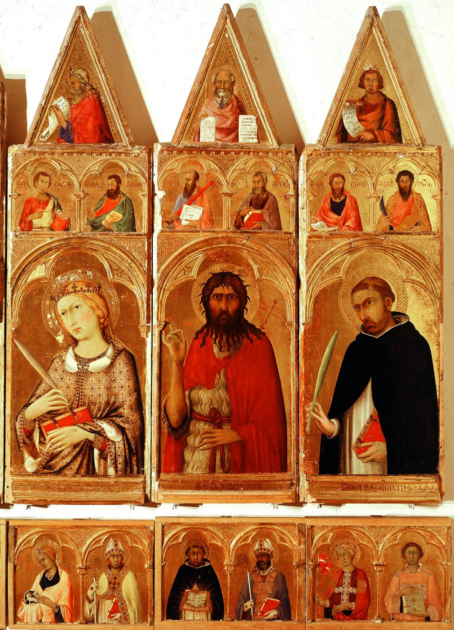 Sint-Catharina van Alexandrië, Johannes de Doper, Sint-Pieter van Verona. Detail van het Sint-Catharina van Alexandrië Polyptiek (detail) door Simone Martini