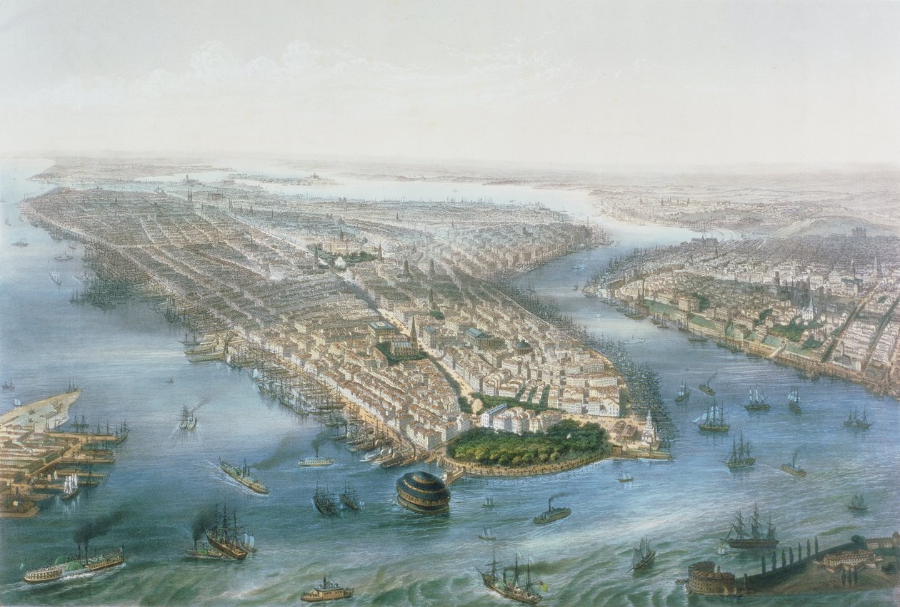 Luchtfoto van New York en Brooklyn, gegraveerd door T.H Muller, uitgegeven door L. Turgis, Parijs, 1855 door Simpson