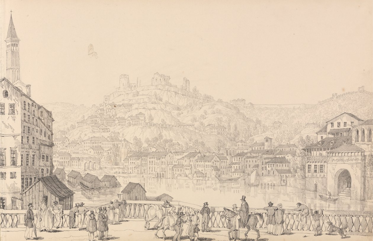 Album van 30 Zichten in Tirol en Italië: Stad Verona en Kasteel van San Pietro vanaf een andere brug, 1 nov. 1840 door Sir Charles D