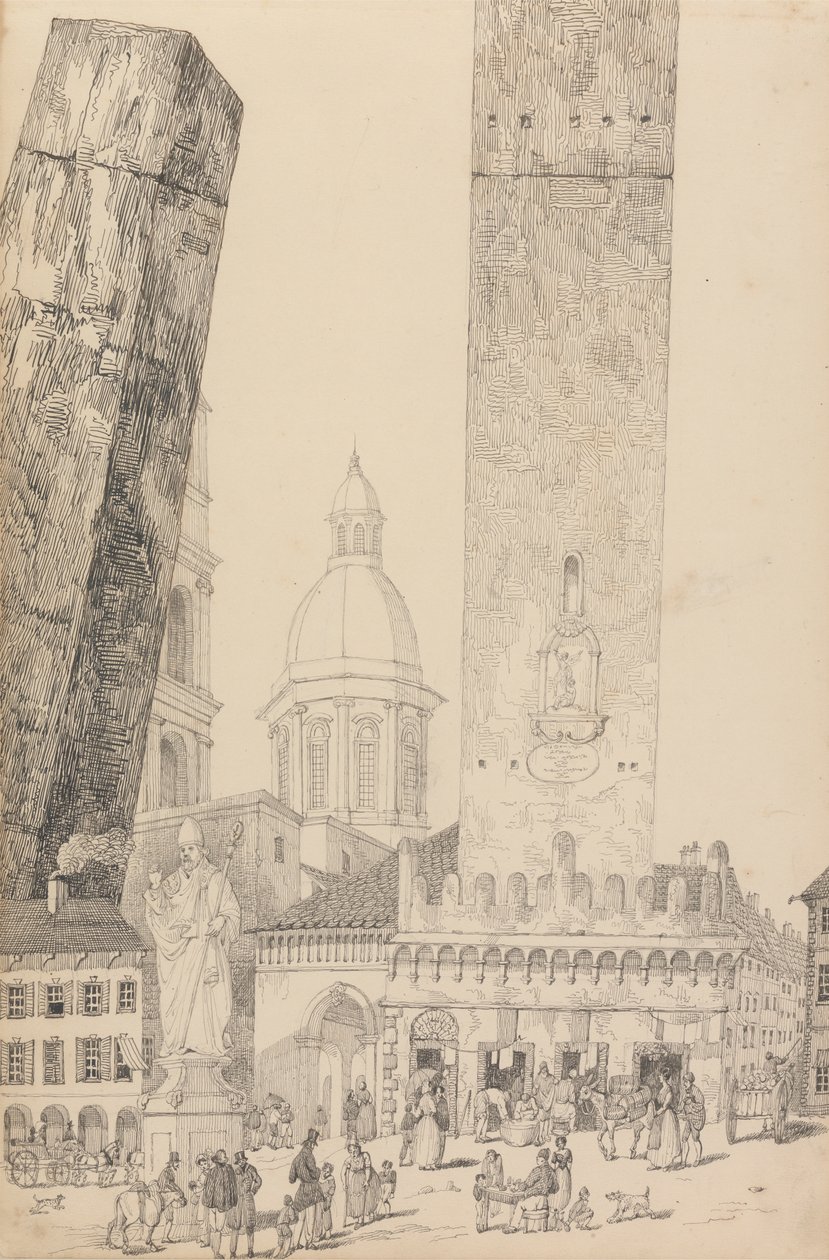 Album van 30 Zichten in de Tirol en Italië: Scheve Torens, Standbeeld van St. Franciscus, Bologna 12 Nov. 1840 door Sir Charles D