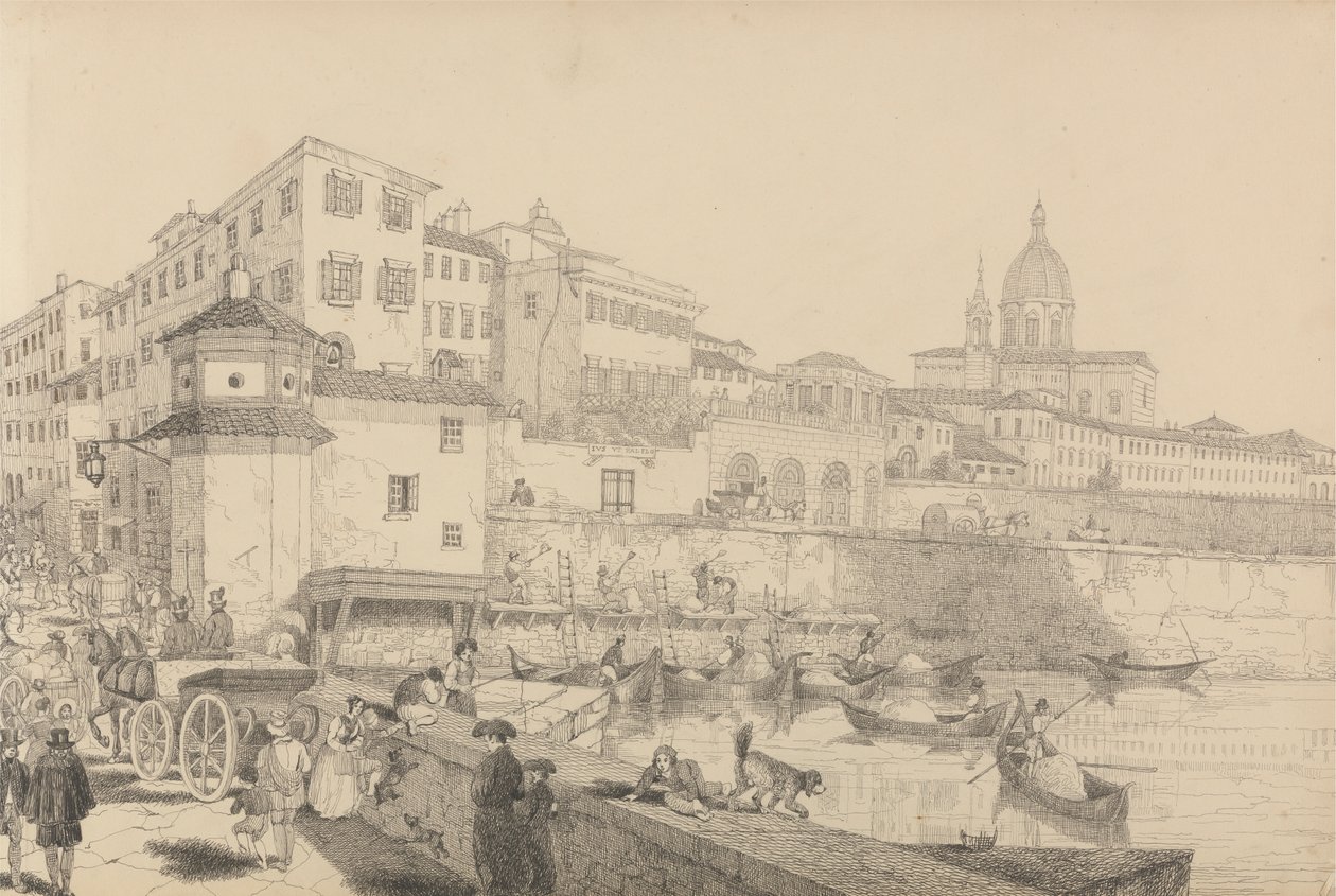 Album van 30 Zichten in Tirol en Italië: Zicht op Casino Pecori aan de Lung Arno, Residentie van Sir Charles D