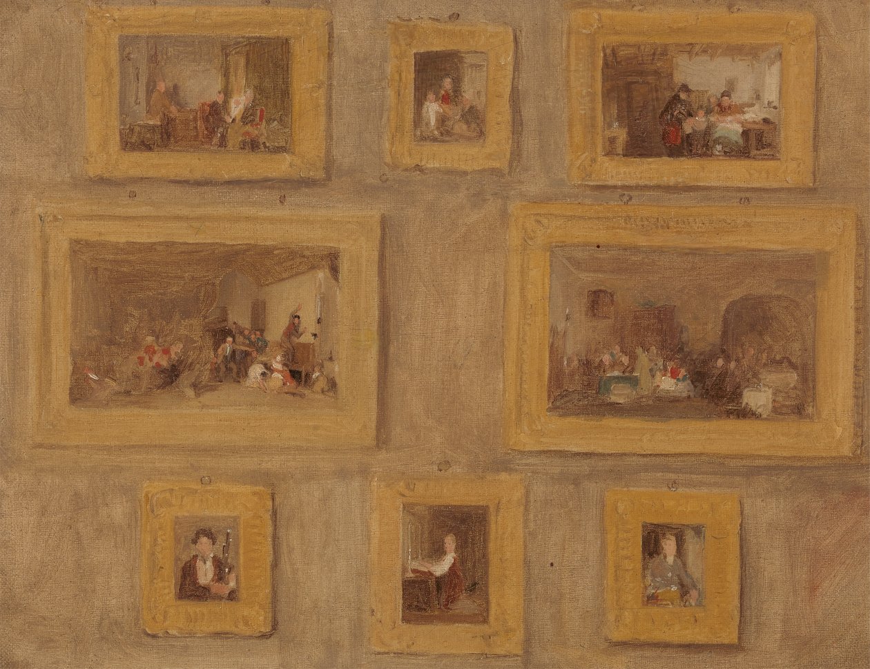 Het enige kind; De jodenharp; De gesneden vinger; Blindemannetje; De huurdag; De Schotse doedelzakspeler; De Prieu-Dieu; en Zelfportret: Een schets van de acht schilderijen ingelijst en aan de muur hangend door Sir David Wilkie
