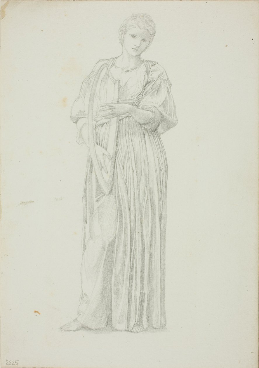 Gedrapeerde figuur van een vrouw die op een harp speelt door Sir Edward Burne Jones