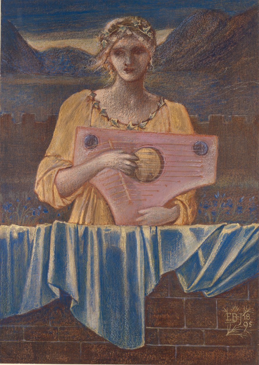 Studie van een vrouw met een muziekinstrument door Sir Edward Coley Burne Jones