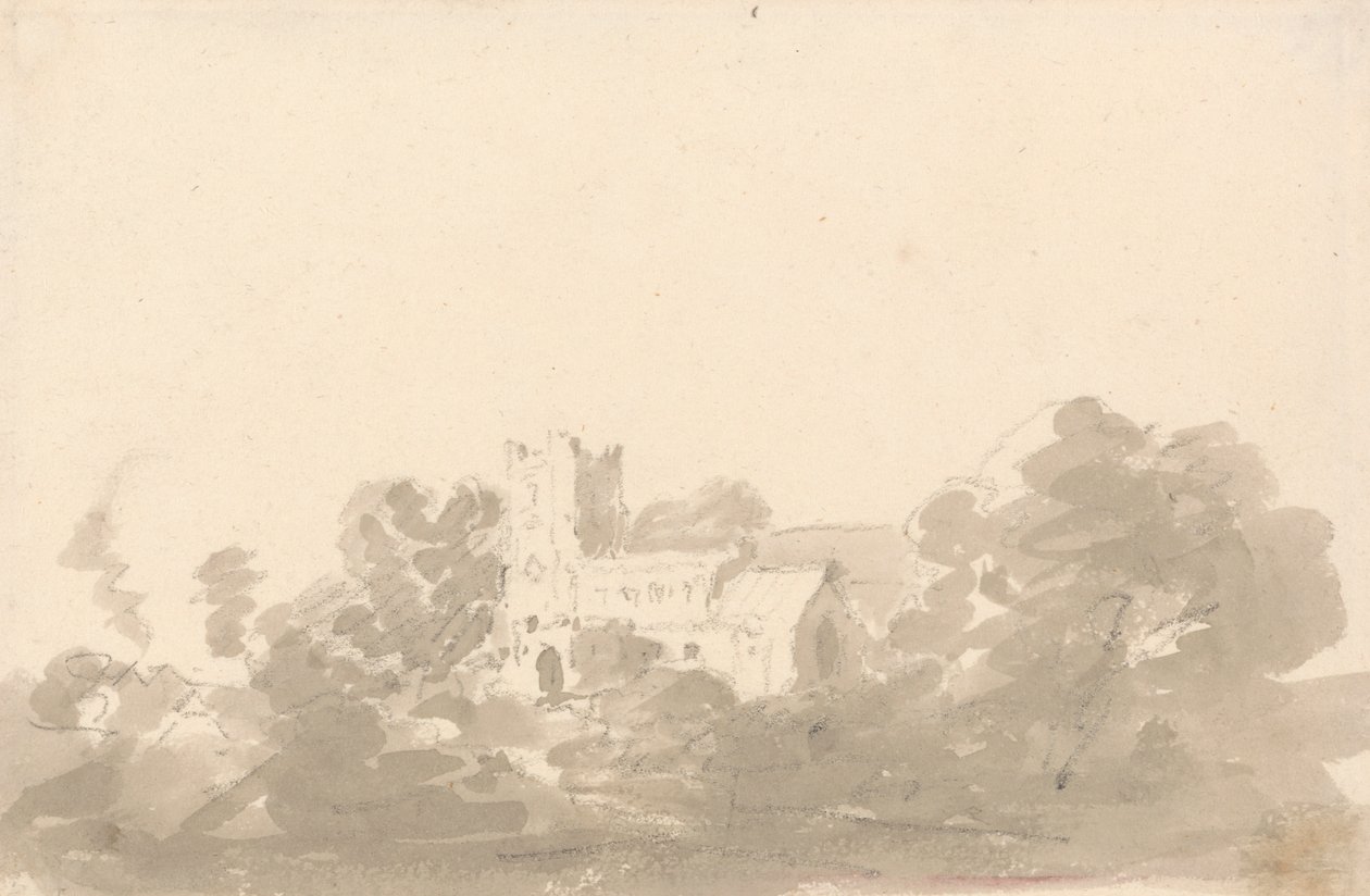 Kerk in bomen door Sir George Howland Beaumont seventh Baronet