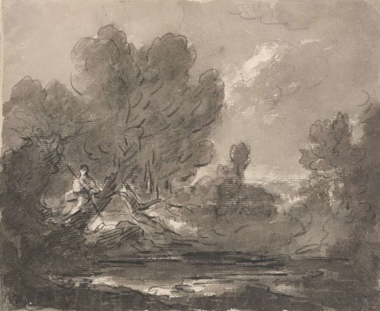 Figuur in boom bij vijver door Sir George Howland Beaumont seventh Baronet