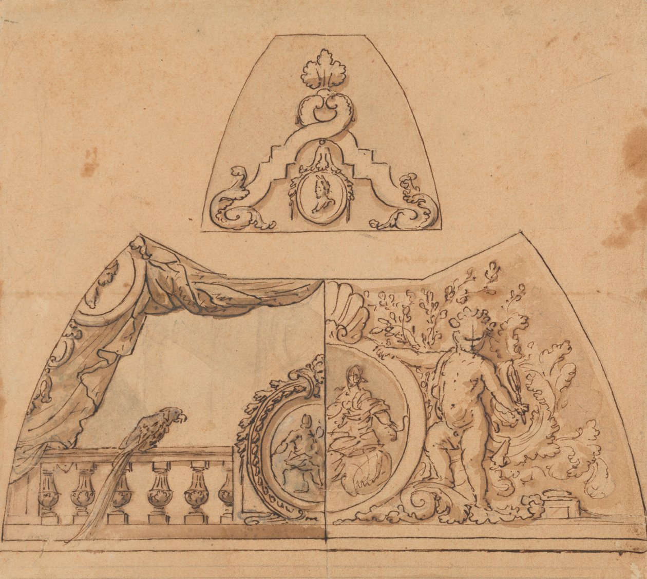 Ontwerp voor een plafonddecoratie (met een papegaai) door Sir James Thornhill