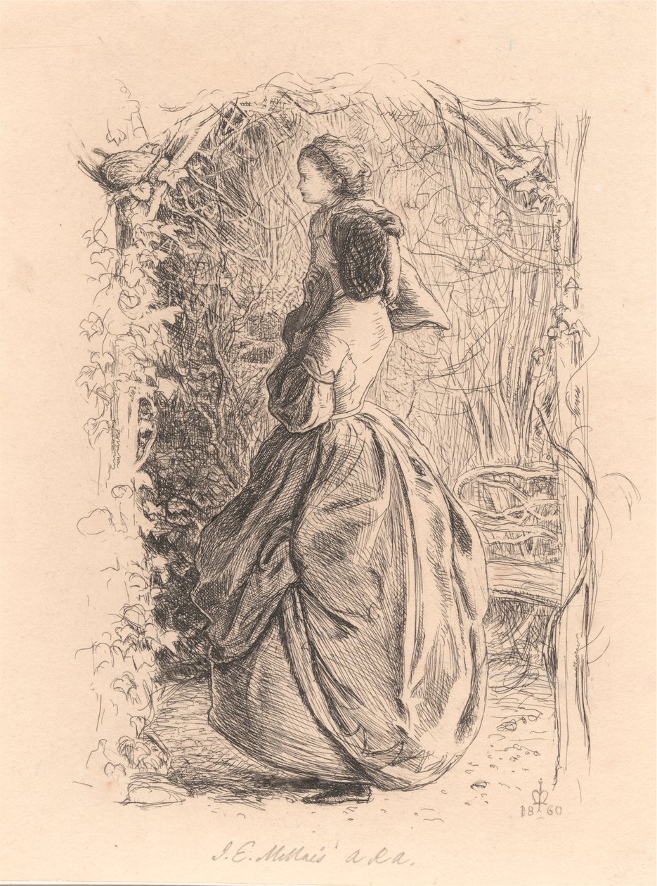 Gelukkige Lente. Vrouw en Kind Kijken naar Vogel in Nest. door Sir John Everett Millais