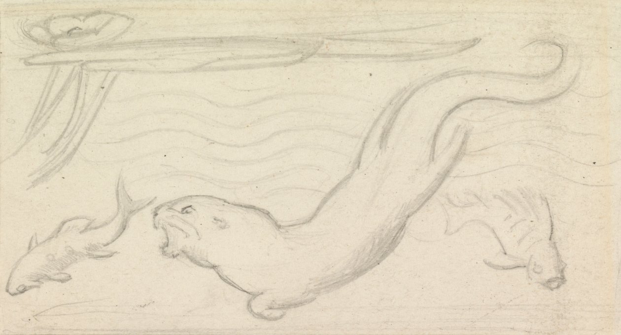 Glas-in-loodstudie, een otter en twee vissen door Sir John Everett Millais