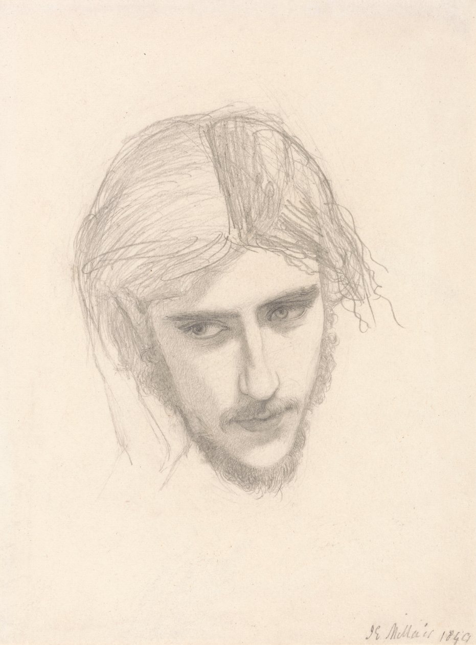 Studie voor het hoofd van Ferdinand in "Ferdinand gelokt door Ariel" door Sir John Everett Millais