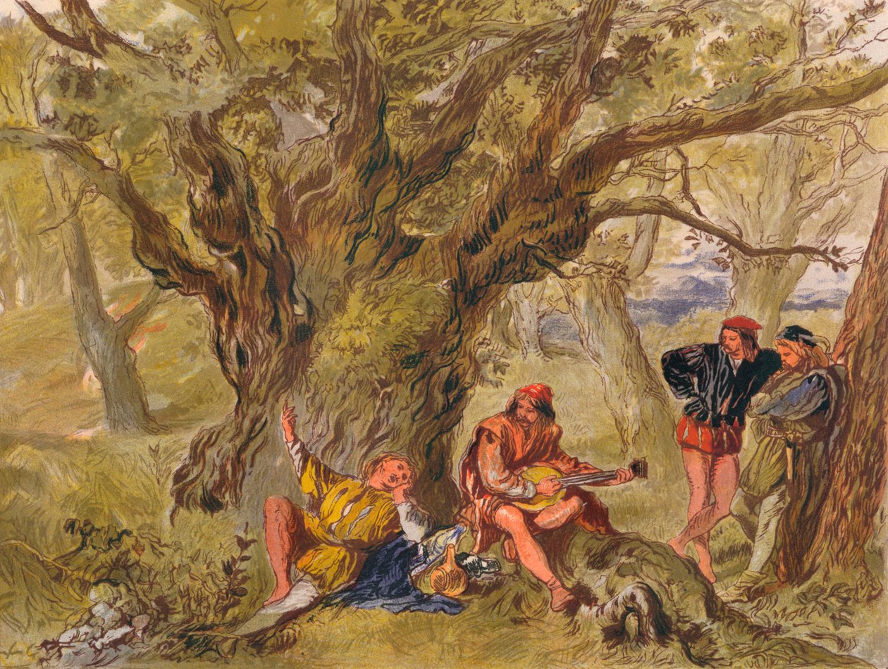 Zoals je het leuk vindt: Act II, Scene V. Onder de groenblijvende boom, gezongen door Amiens, ca. 1875 door Sir John Gilbert