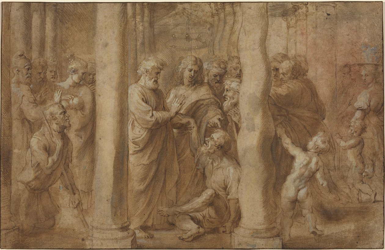 Het Wonder van de Verlamde Man Genezen door Sint Petrus en Sint Johannes door Sir Peter Paul Rubens over Anonymous Italian after Parmigianino after Raphael