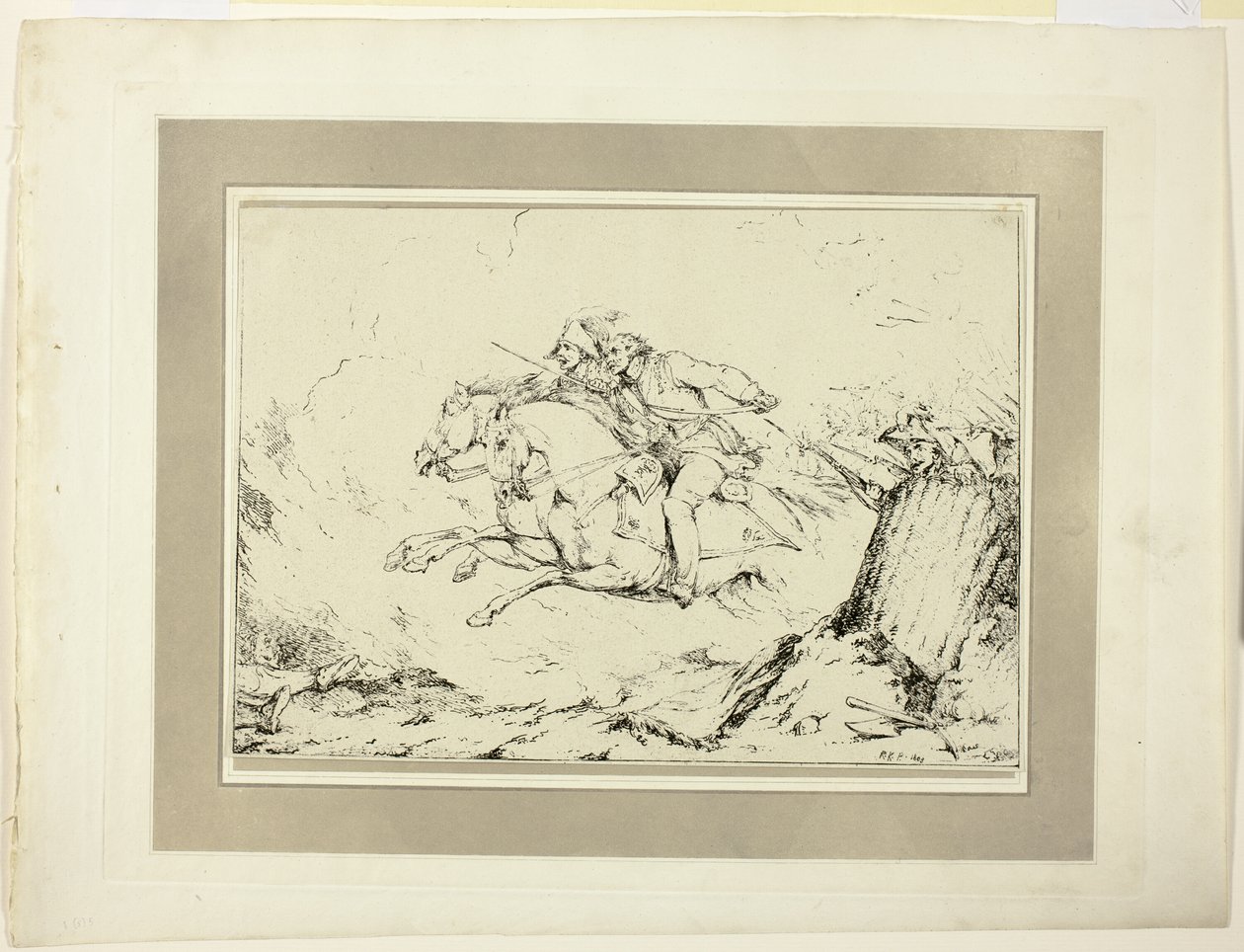Aanval, uit de eerste uitgave van Specimens of Polyautography door Sir Robert Ker Porter