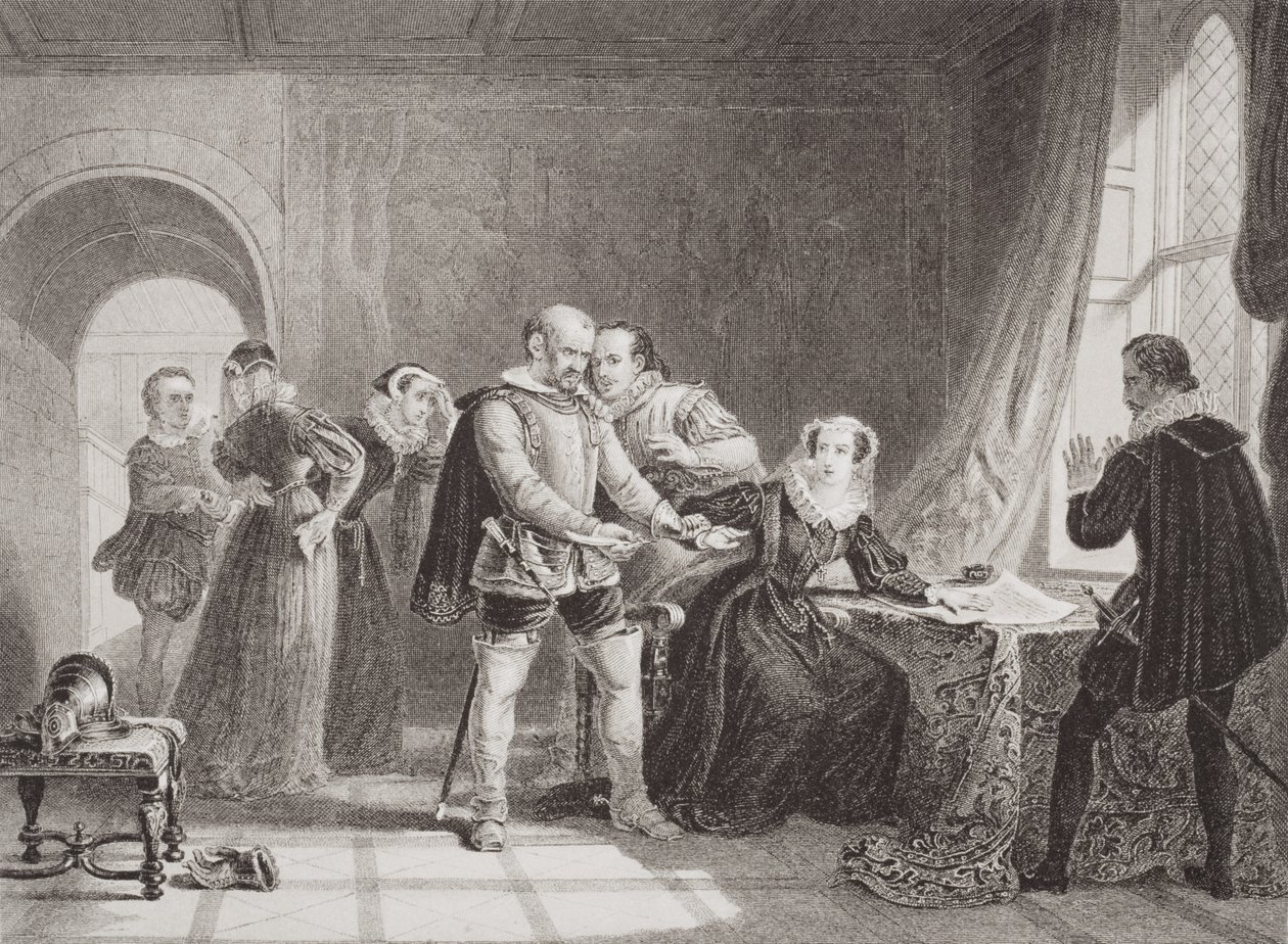 Mary Queen of Scots (1542-87) gedwongen haar troonsafstand te ondertekenen in Lochleven Castle in 1567, uit 