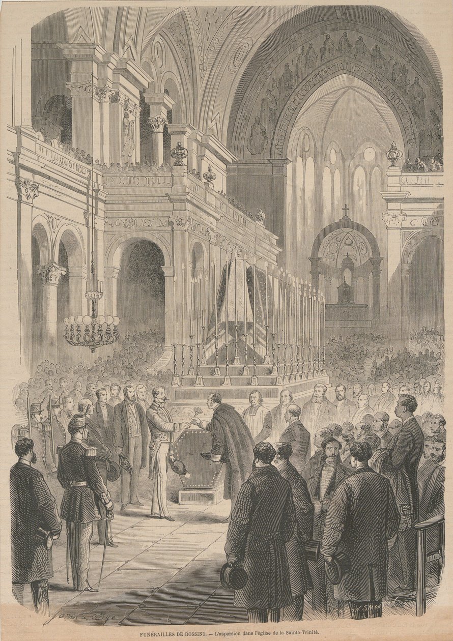 De begrafenis van Gioacchino Rossini. De wijding in de Kerk van de Heilige Drie-eenheid door Smeeton and Cie . Cosson