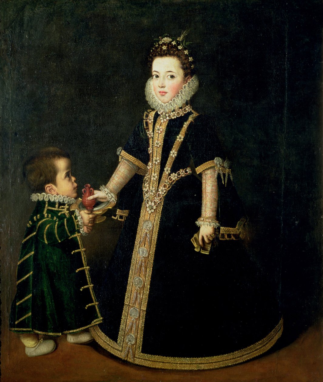 Meisje met een dwerg, vermoedelijk een portret van Margarita van Savoye, dochter van de Hertog en Hertogin van Savoye, c.1595 door Sofonisba Anguissola