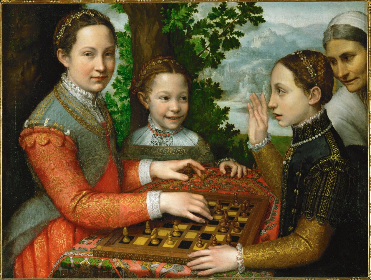 Een schaakspel met de drie zussen van de schilder en een bediende door Sofonisba Anguissola