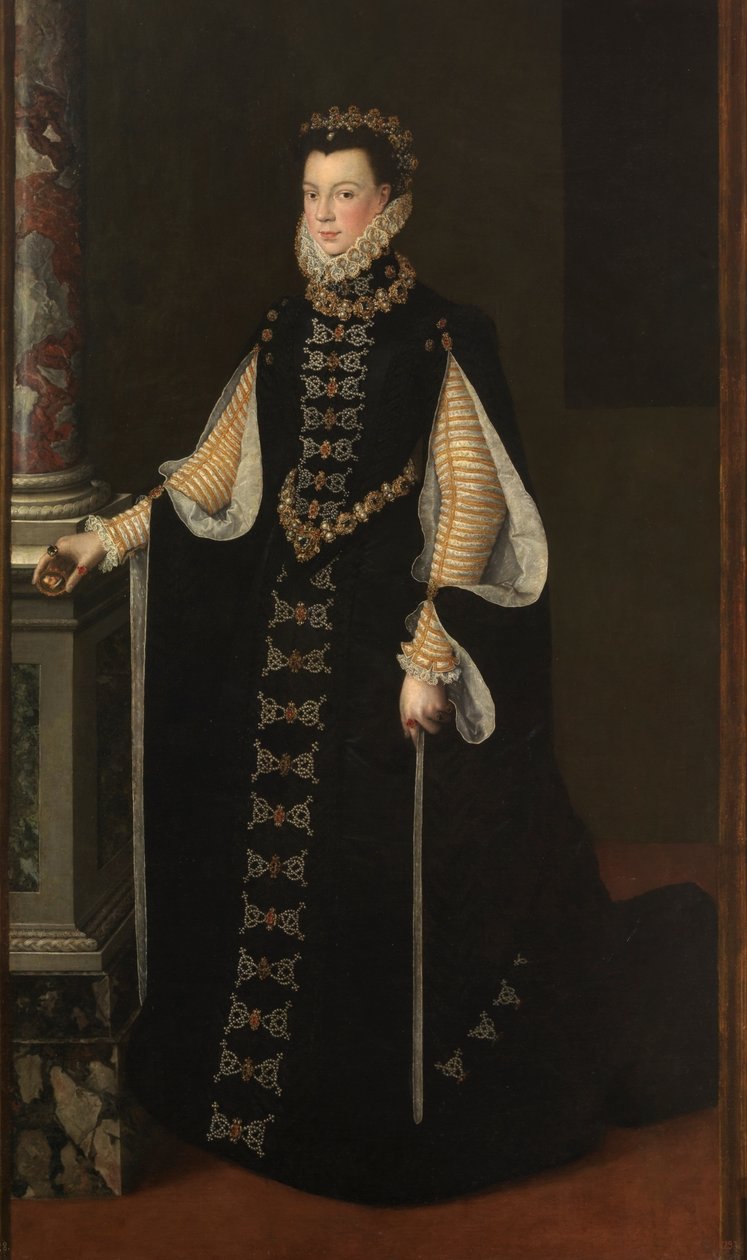 Spaans: Isabel de Valois sosteniendo un retrato de Felipe II Portret van Elisabeth van Valois met een portret van Filips II door Sofonisba Anguissola