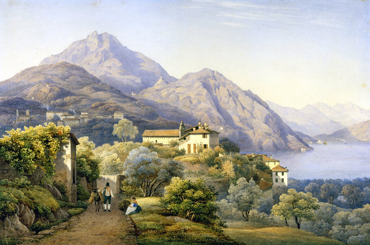 Como. Menaggio. Loveno en de berg Groma. 1840. Schilderij door S. Corrodi. Menaggio, Como door Solomon Corrodi