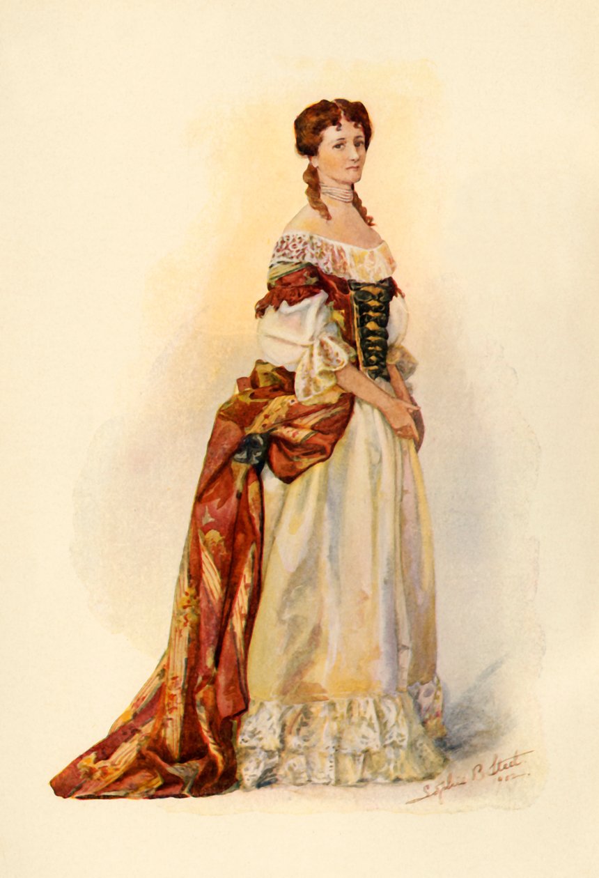 Jurk van rode brokaat gedragen in de kolonie Barbados ca. 1685, 1903, 1937 door Sophie B. Steel