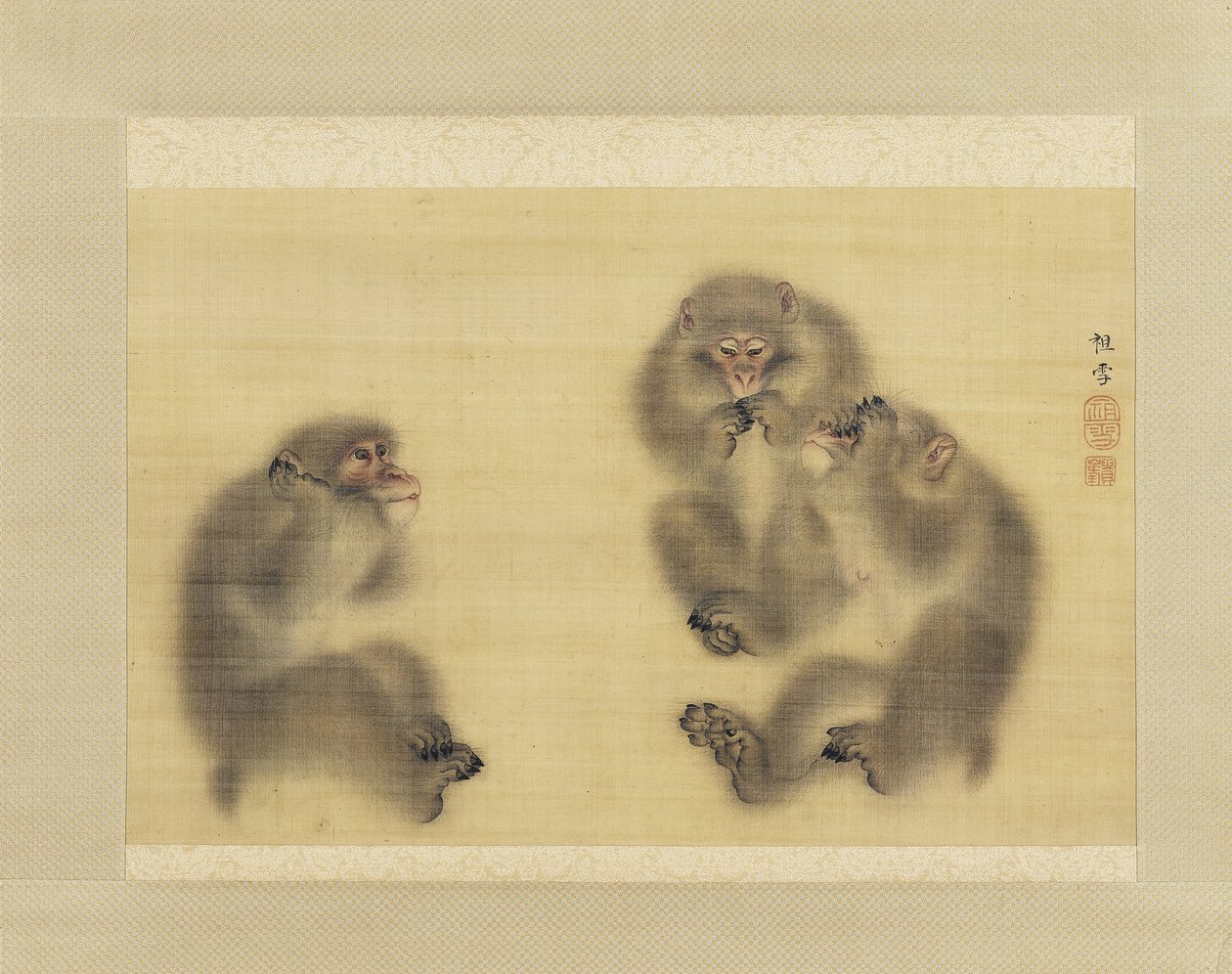 Apen: Hoor Geen Kwaad, Zie Geen Kwaad, Spreek Geen Kwaad, c.1820 door Sosetsu Mori