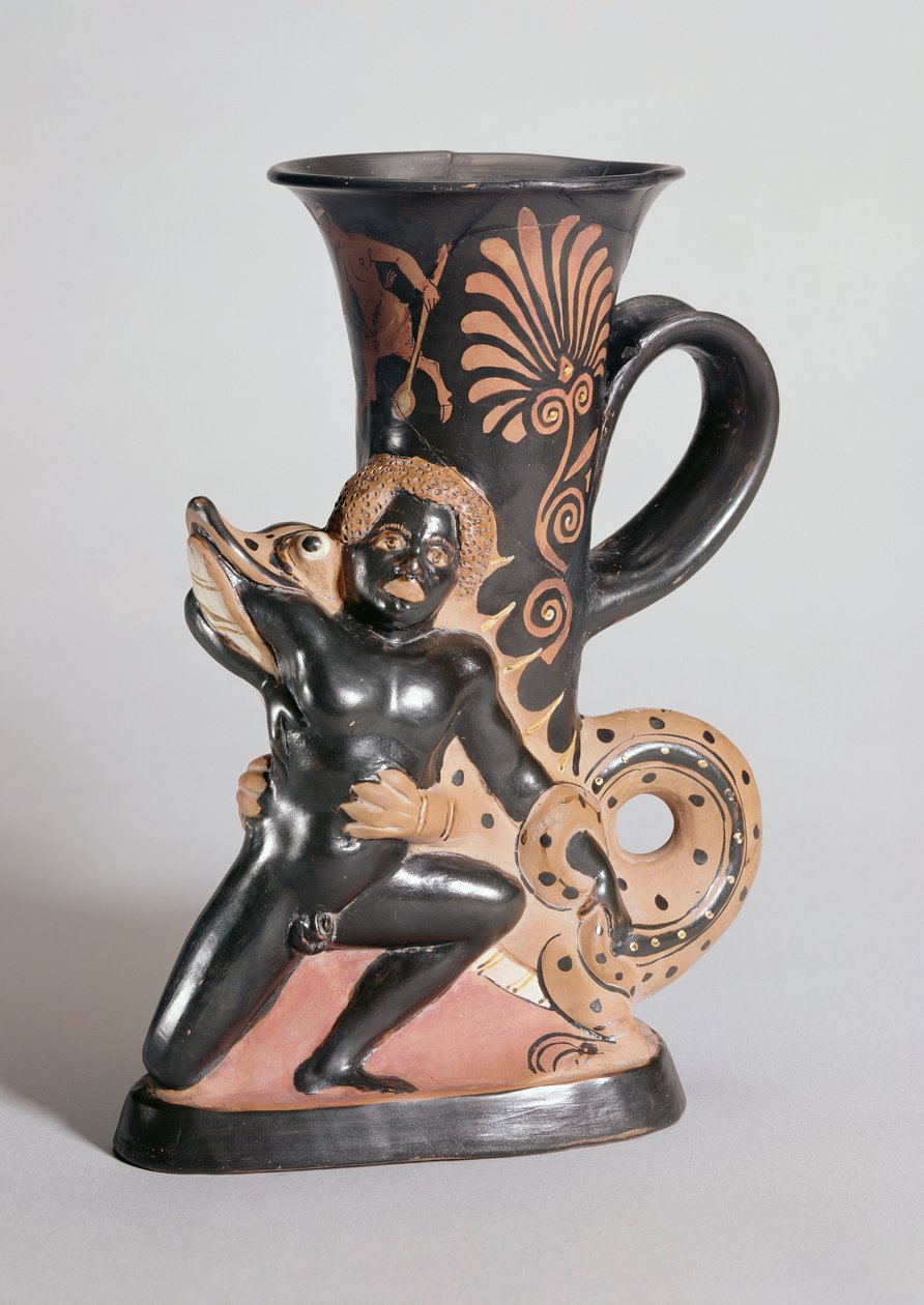 Roodfigurig Hoornvormig Rhyton met een Krokodil die een Nubische Aanvalt, Grieks, ca. 350 v.Chr. door Sotades