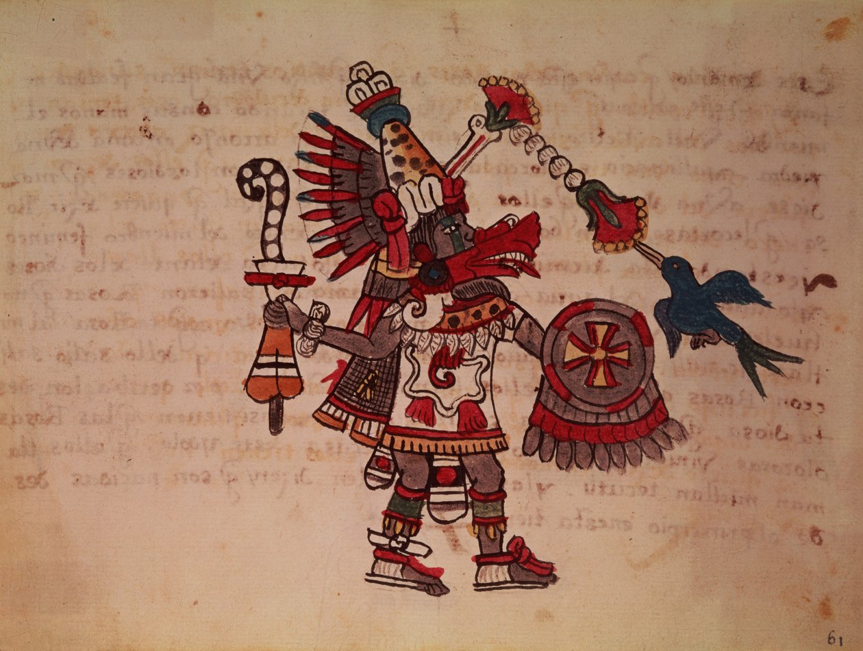 Quetzalcoatl, de gevederde slang, god van de wind, het leren en het priesterschap, meester van het leven, schepper en beschaver, patroon van elke kunst en uitvinder van de metallurgie door South American School