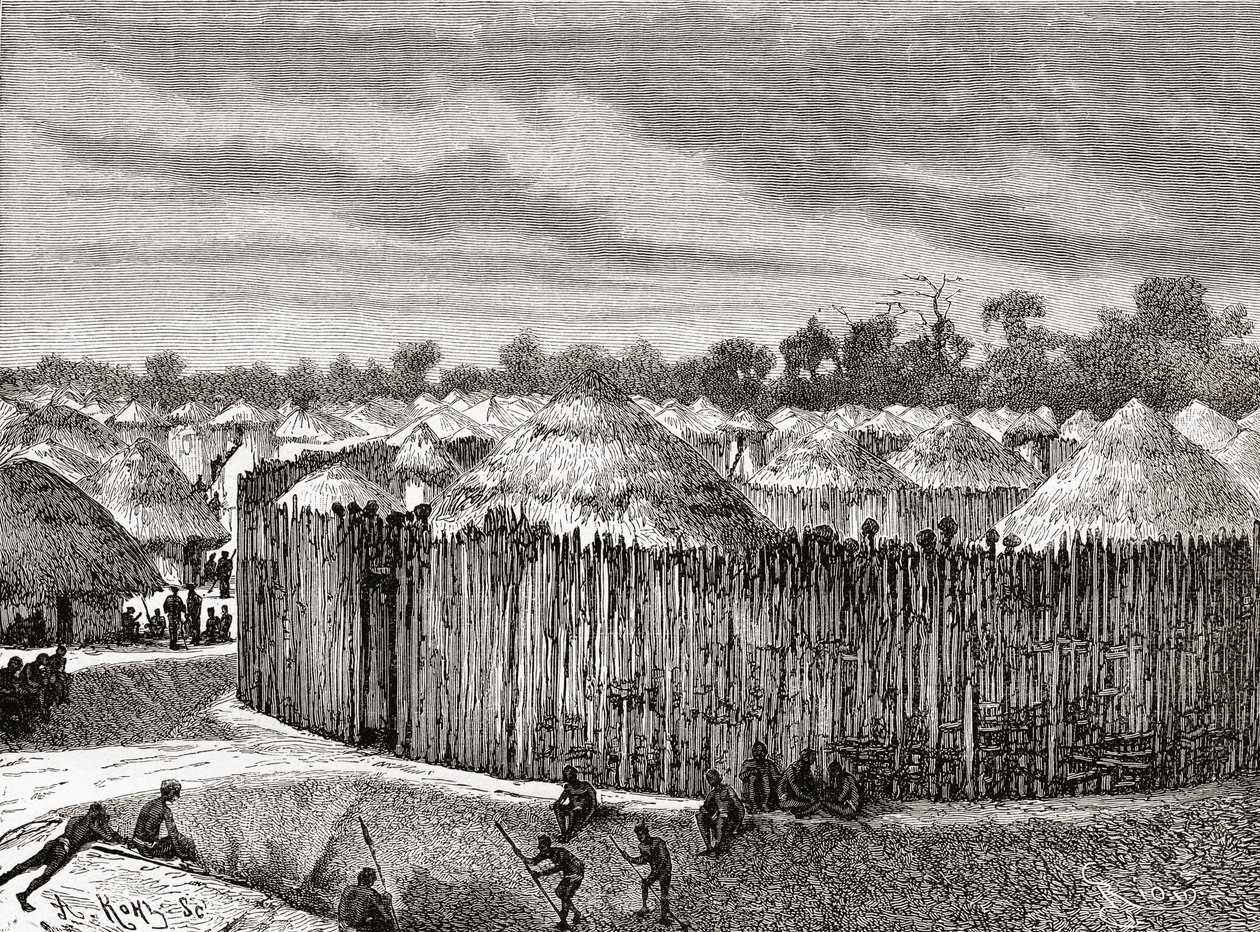 Een dorp in Centraal-Afrika tijdens de 19e eeuw, uit 