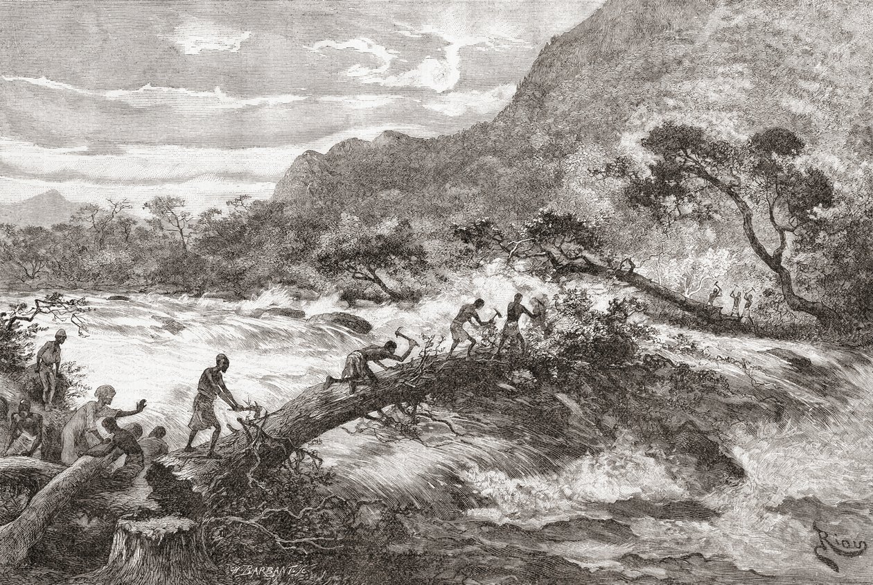 Een geïmproviseerde brug in Centraal-Afrika, uit 
