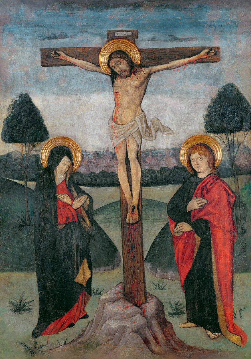 Christus aan het kruis tussen de Maagd en St. Johannes door Spanish School