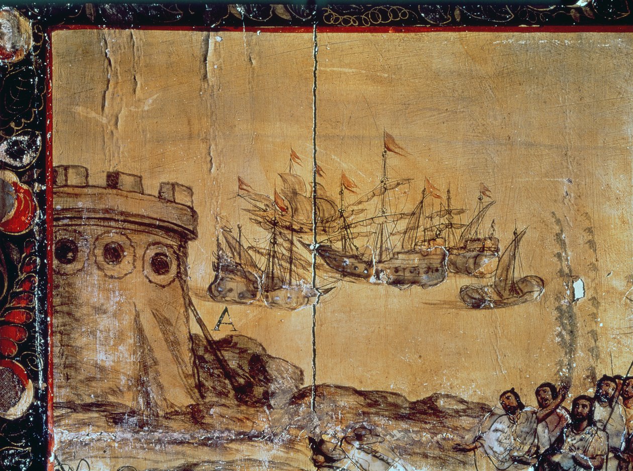 Cortes zeilt naar Mexico, 1518 door Spanish School