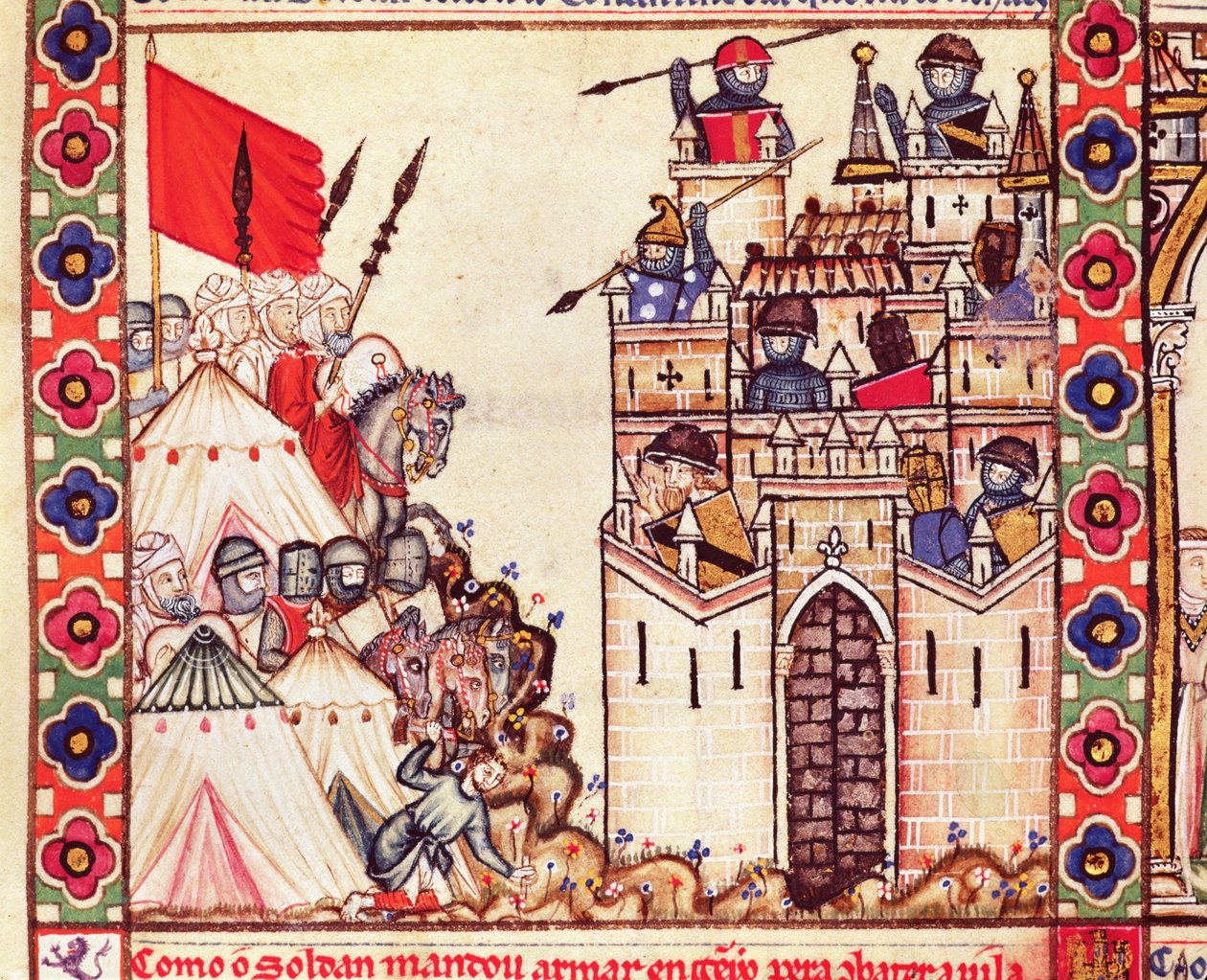 Detail (Cantiga 28) met soldaten die Constantinopel omsingelen, geschreven in Galicisch voor Alfonso X door Spanish School
