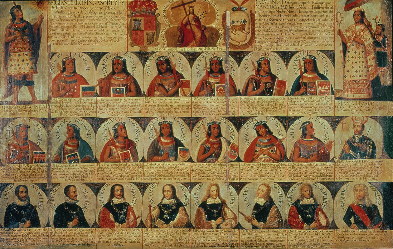 Genealogie van de Inca-heersers en hun Spaanse opvolgers van Manco Capac, de eerste Inca-koning, tot Ferdinand VI van Spanje, ca. 1750 door Spanish School