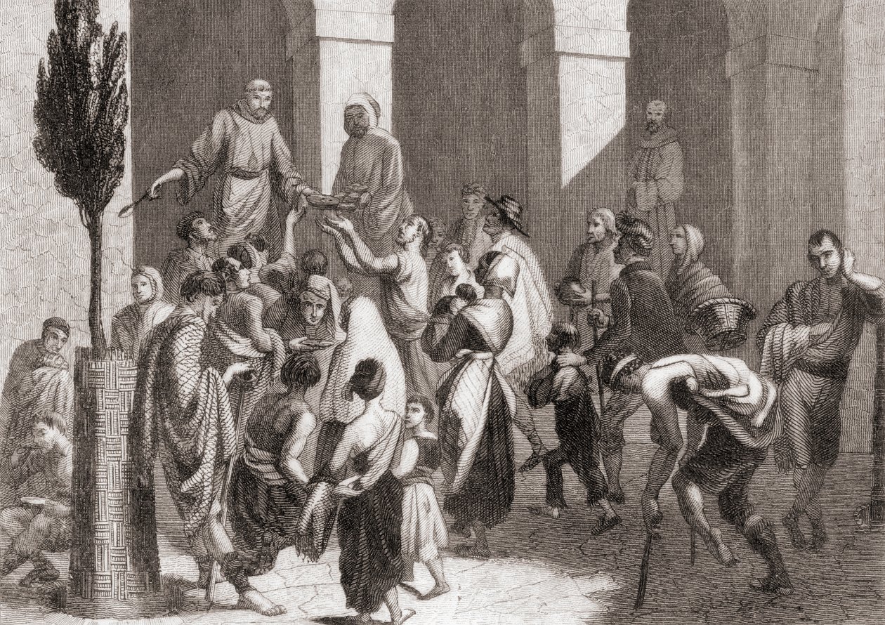 Soep uitdelen aan de armen van het Klooster van Santa Madrona, Barcelona, Spanje door Spanish School